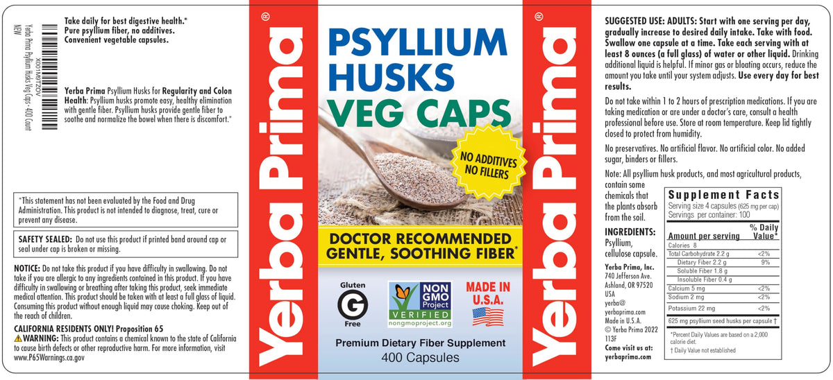 Yerba Prima Psyllium Husks Capsules 400 Veg Caps 625mg bottle with label