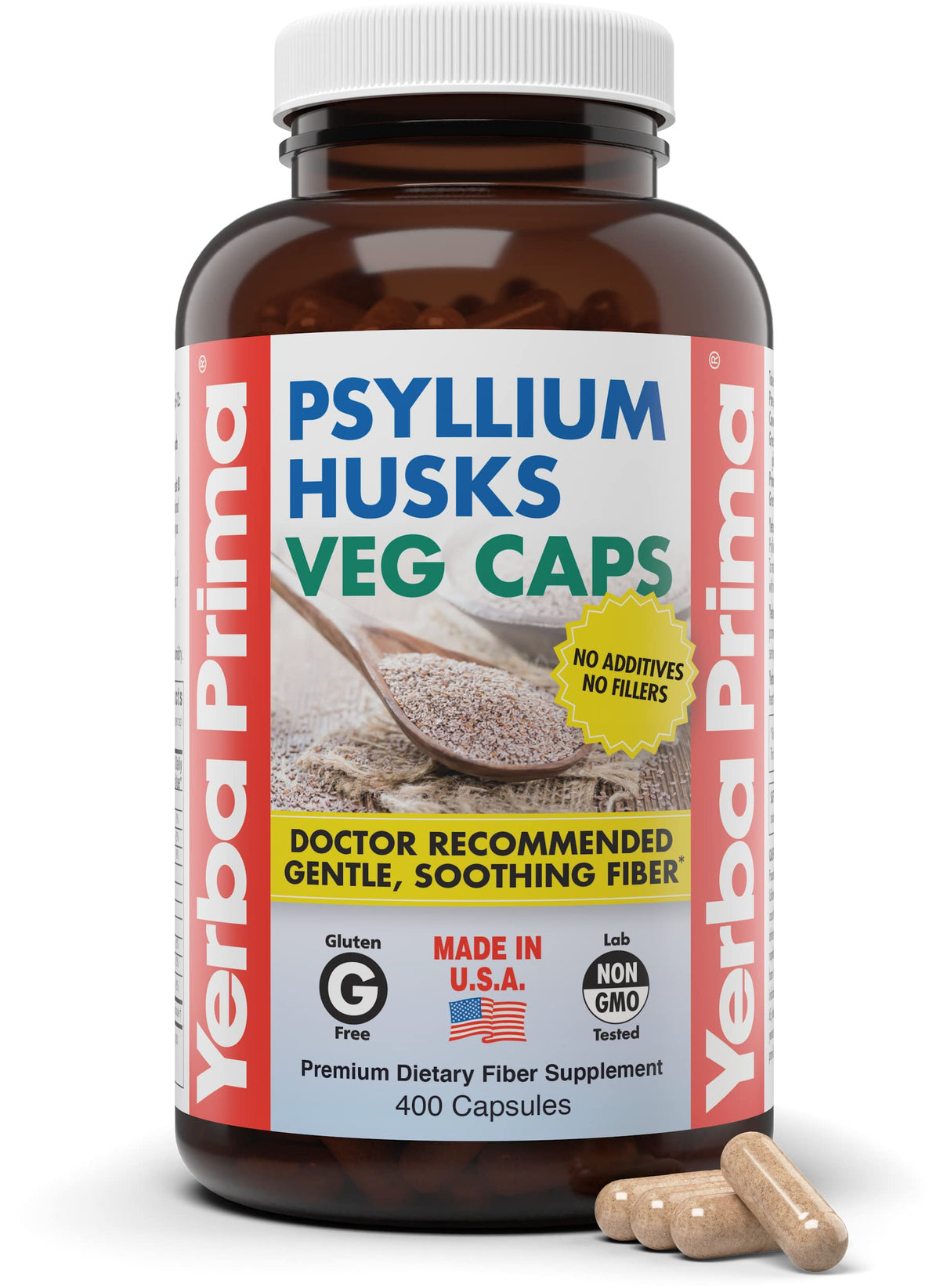 Yerba Prima Psyllium Husks Capsules 400 Veg Caps 625mg front view