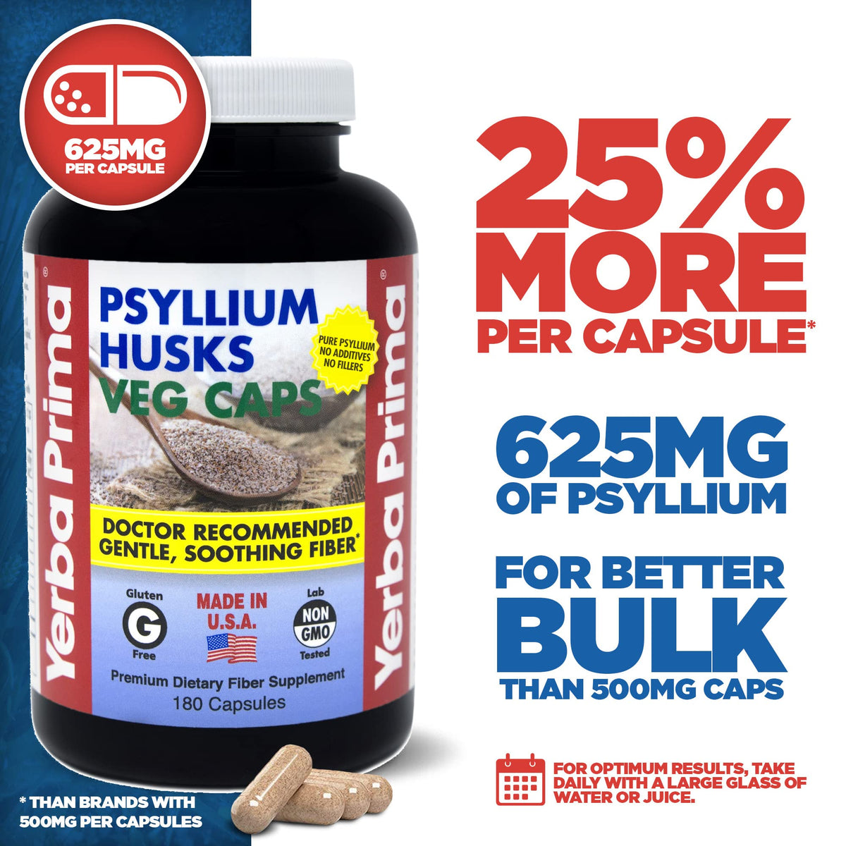 Yerba Prima Psyllium Husks Veg Caps 180 capsules side view