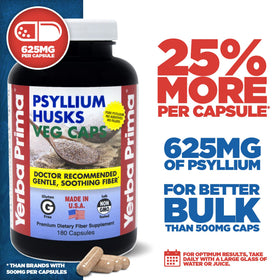 Yerba Prima Psyllium Husks Veg Caps 180 capsules side view
