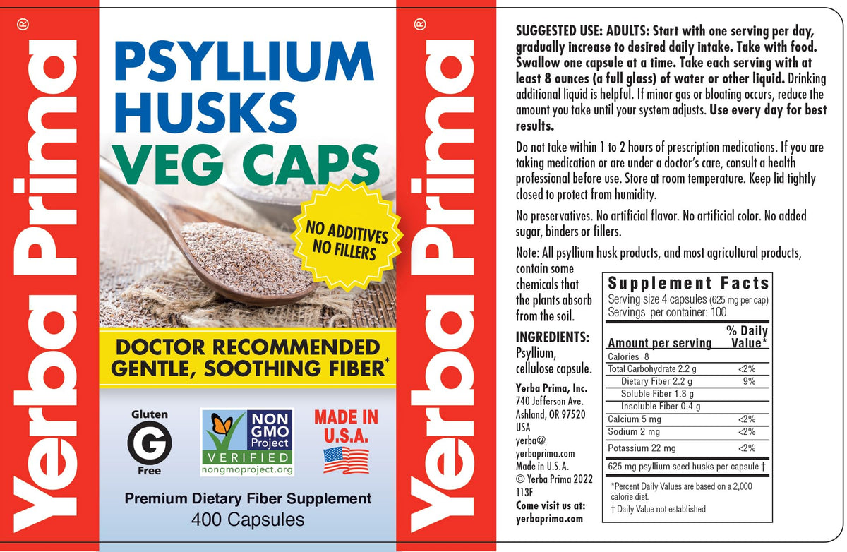 Yerba Prima Psyllium Husks, vue de côté de l'emballage