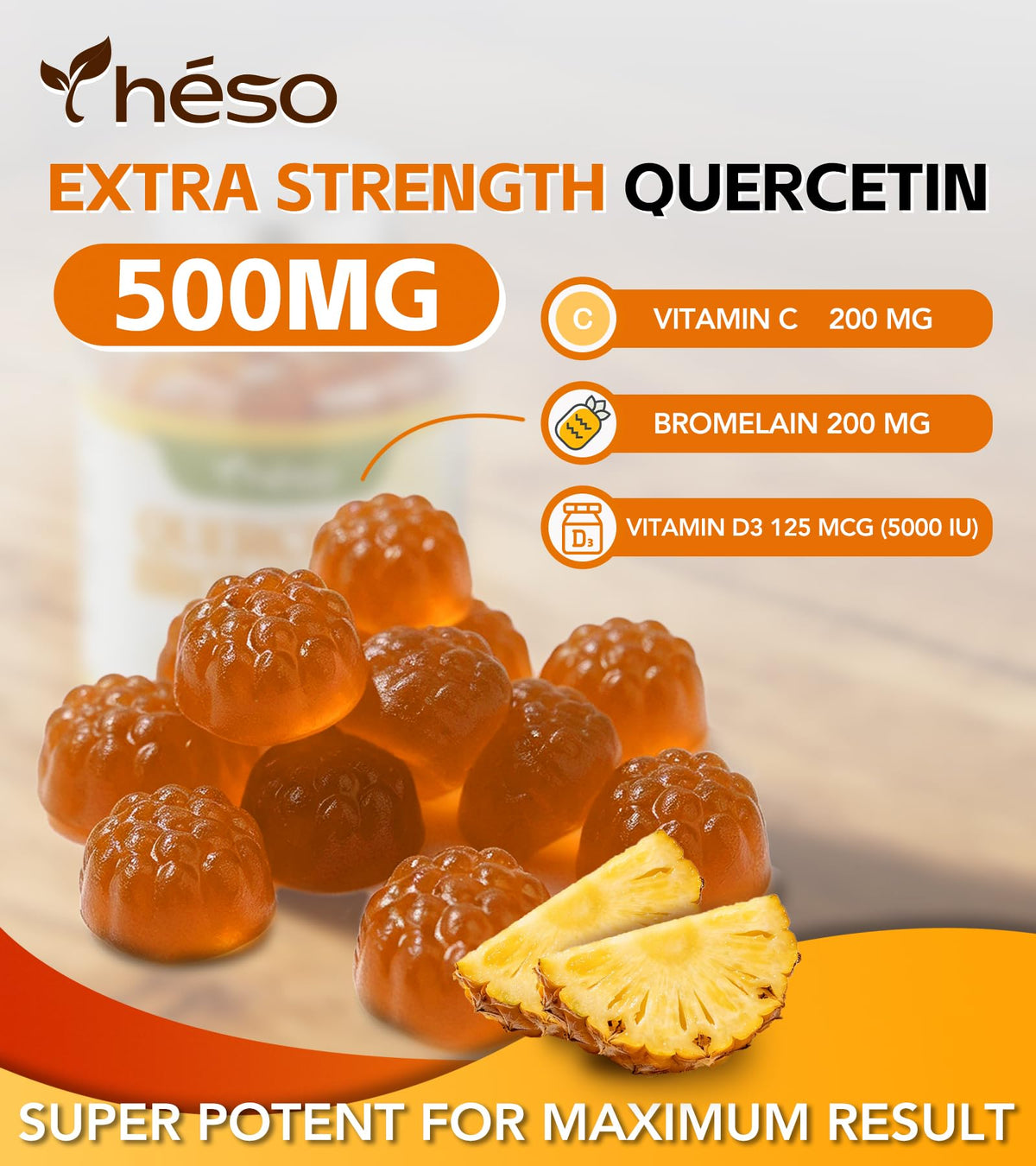 Yheso Quercétine 500mg avec des fruits frais en arrière-plan