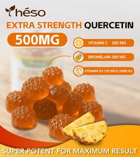 Yheso Quercétine 500mg avec des fruits frais en arrière-plan