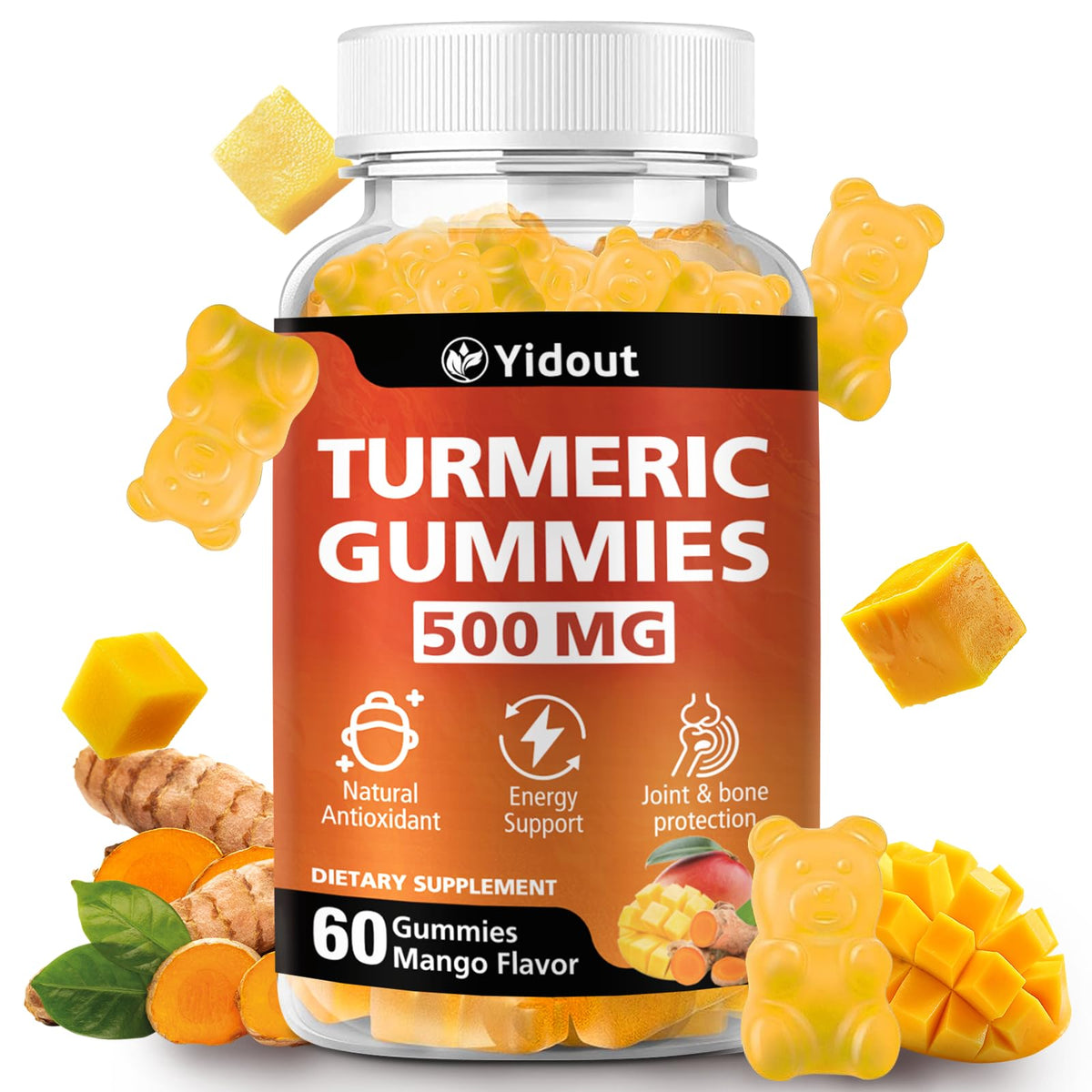 Yidout Gummies de Curcuma 500mg avec Gingembre et Poivre Noir - vue de face
