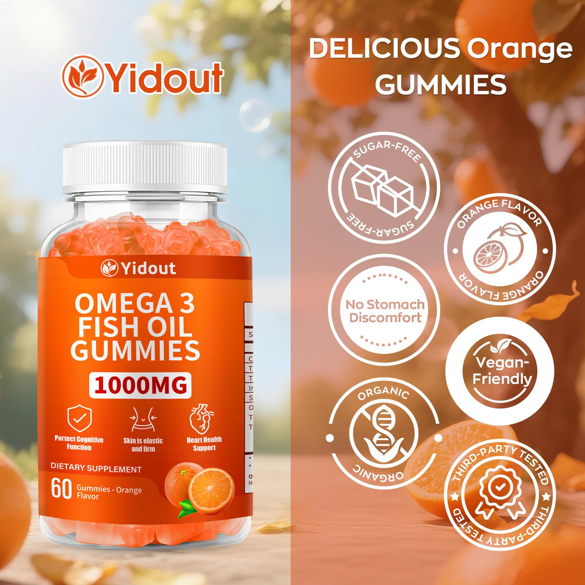 Yidout Gummies Omega 3 avec des fruits frais en arrière-plan