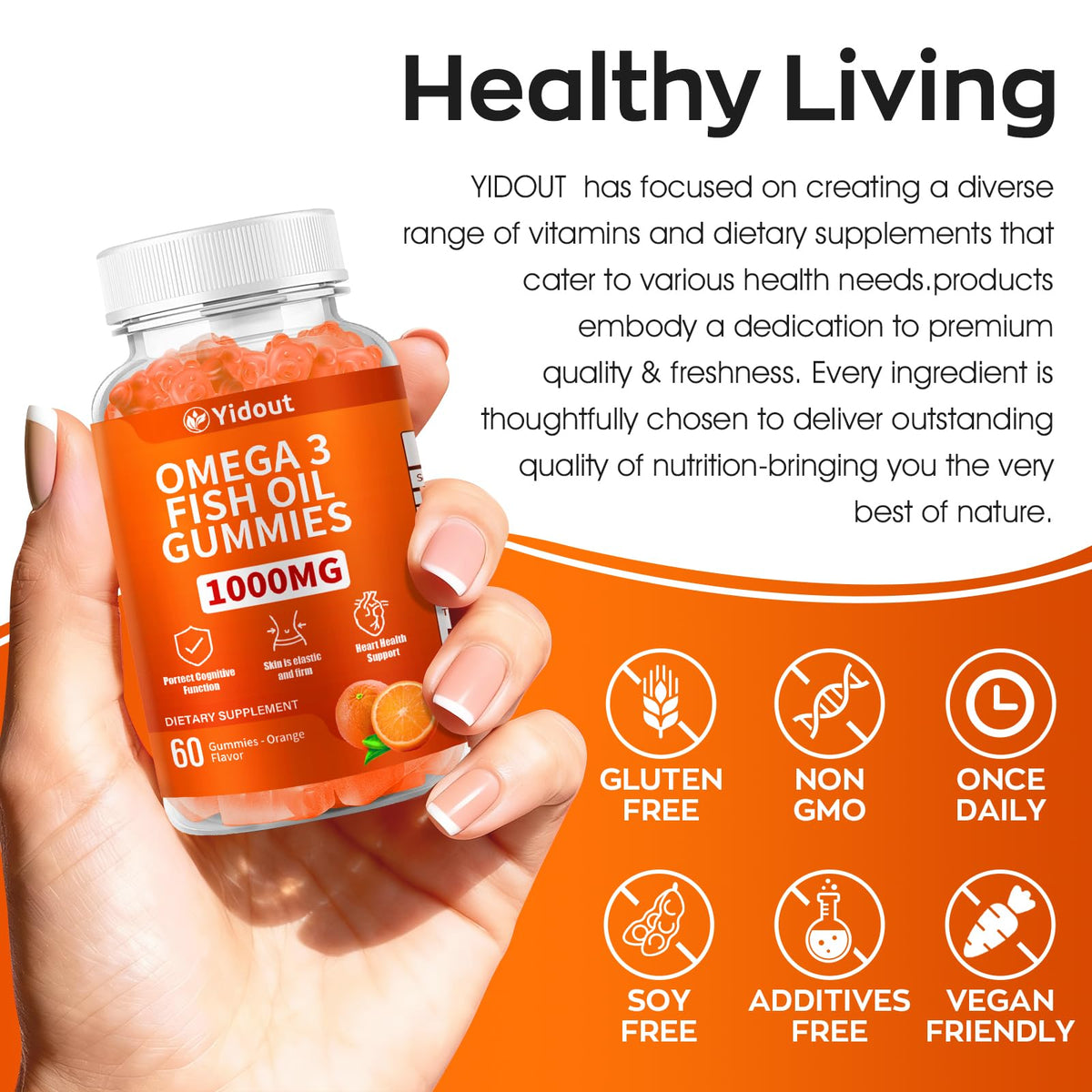 Yidout Gummies Omega 3 sur une main avec un verre d'eau