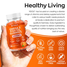 Yidout Gummies Omega 3 sur une main avec un verre d'eau