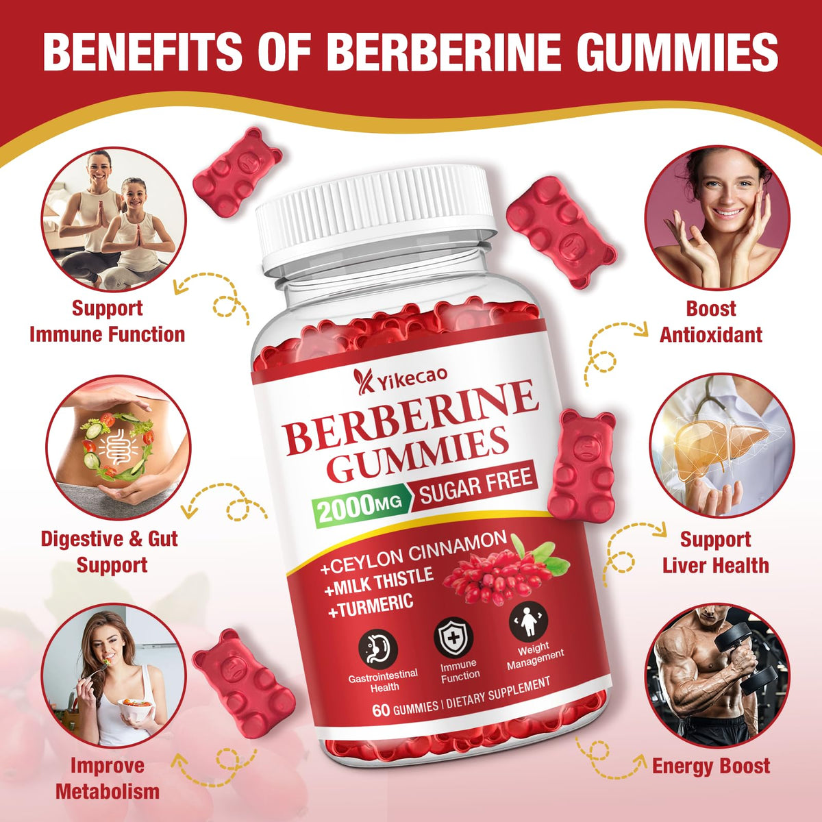 Yikecao Gummies de Berbérine, détail des gummies avec leur couleur framboise