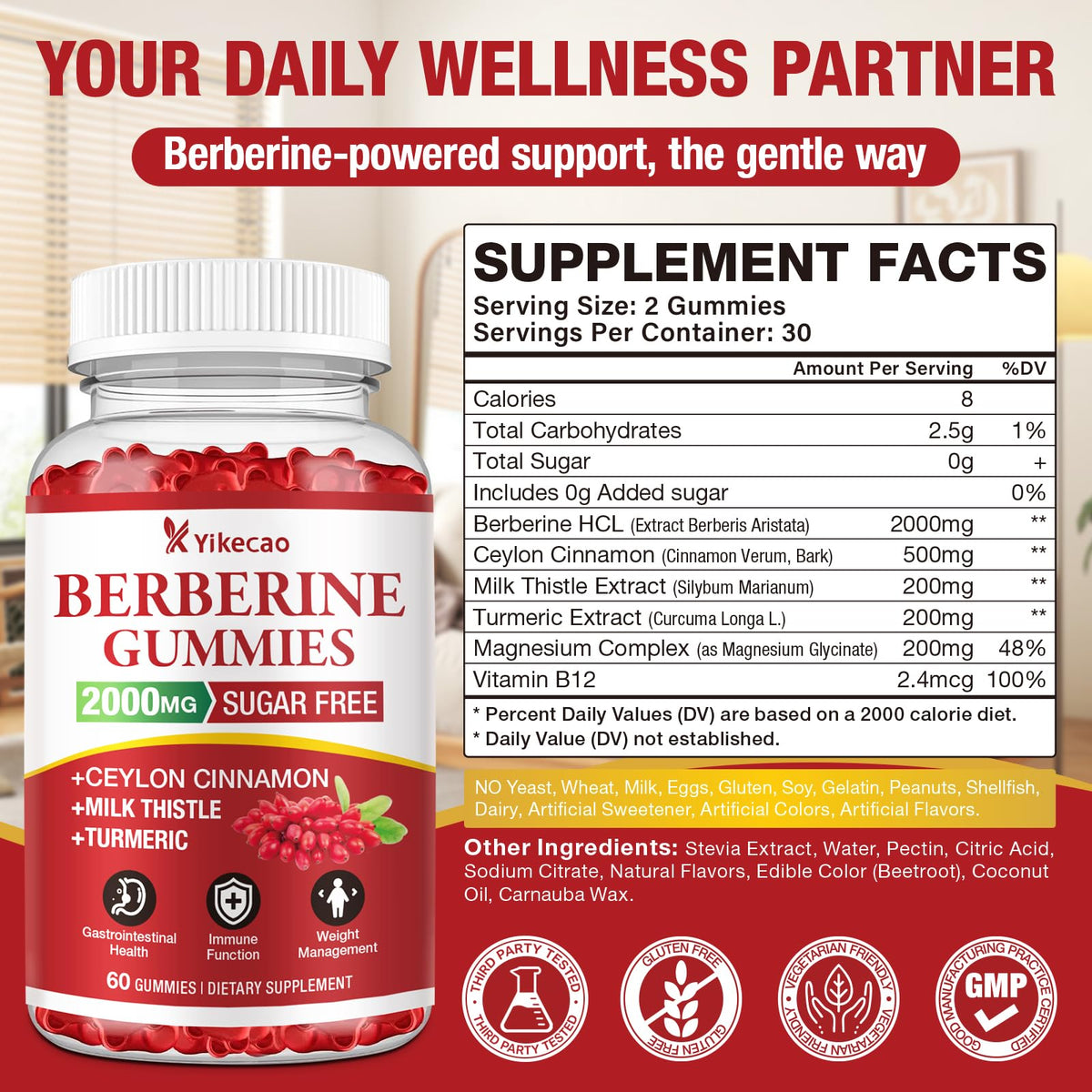 Yikecao Gummies de Berbérine, vue de côté montrant les gummies