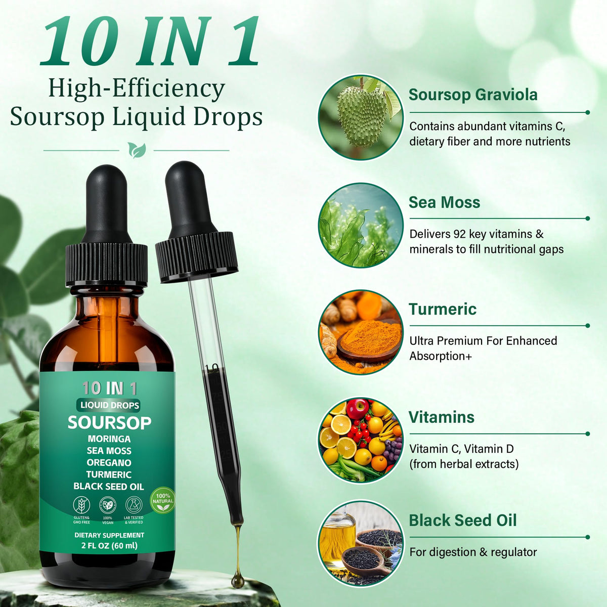 YJOO Gouttes Liquides Bitters Soursop 10-en-1 60 ml étiquette