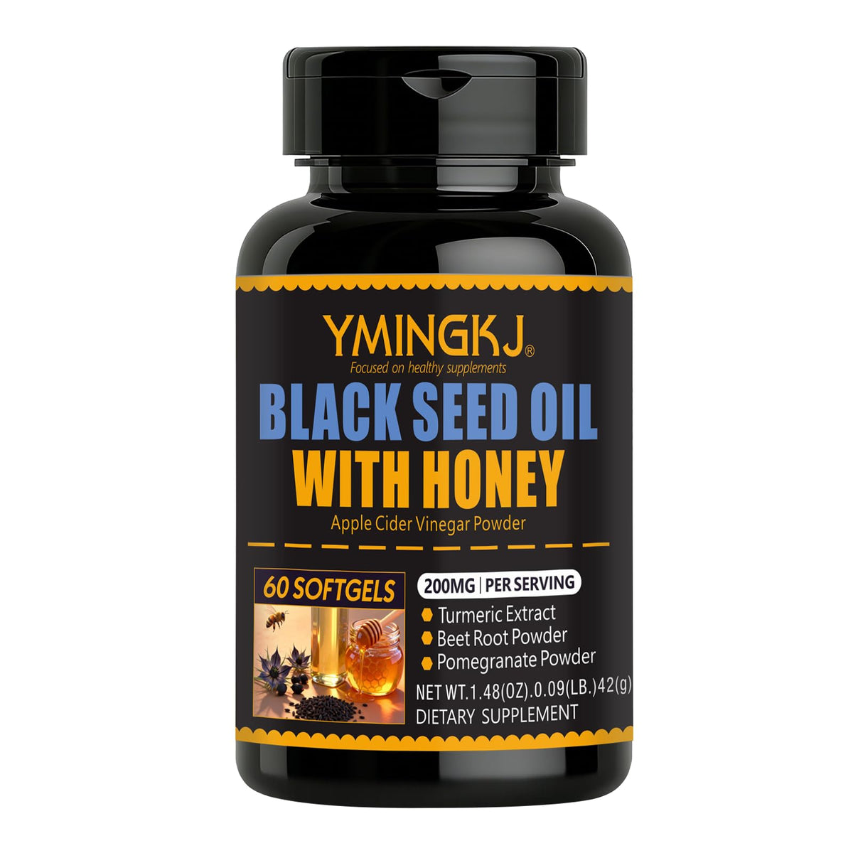 YMINGKJ Huile de Graine de Cumin Noir gélules devant une boîte