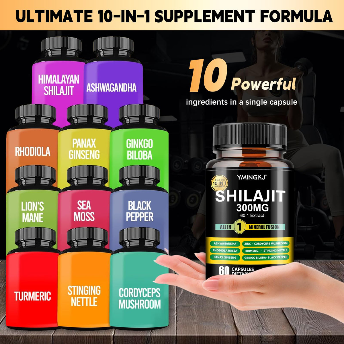 YMINGKJ Shilajit Capsules 10 en 1 affichage des composants