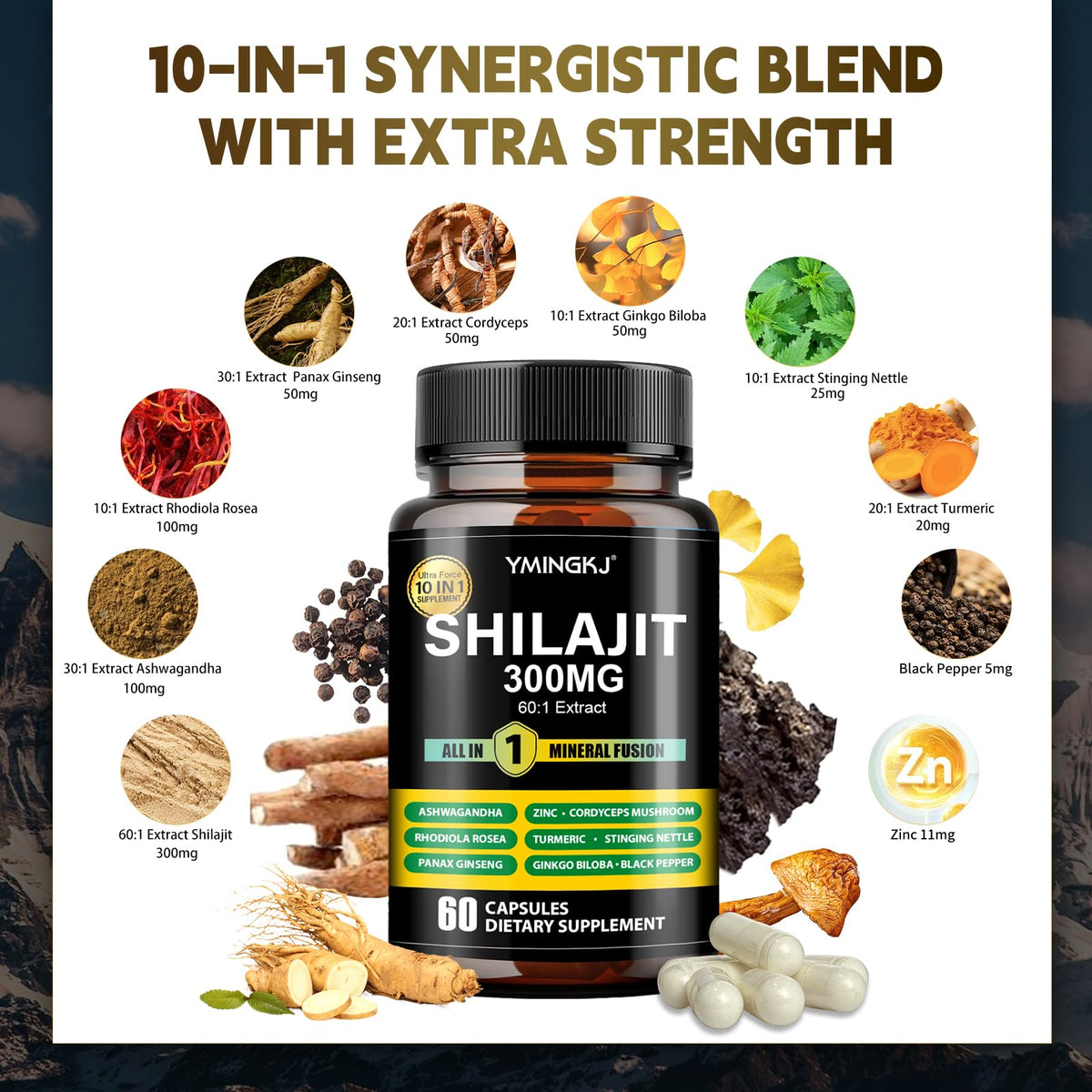 YMINGKJ Shilajit Capsules 60 pcs avec étiquette et ingrédients