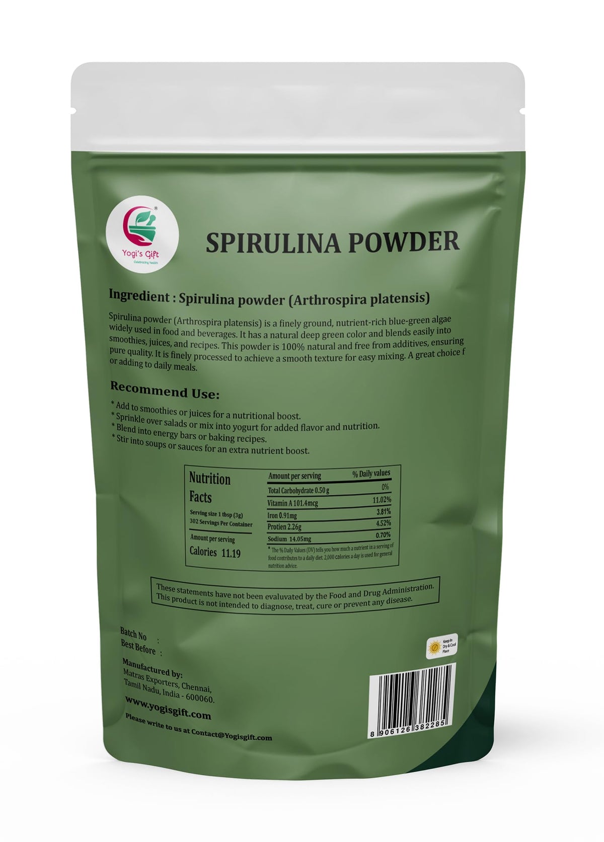 YOGI’S GIFT Poudre de Spiruline 921 g en utilisation dans un smoothie