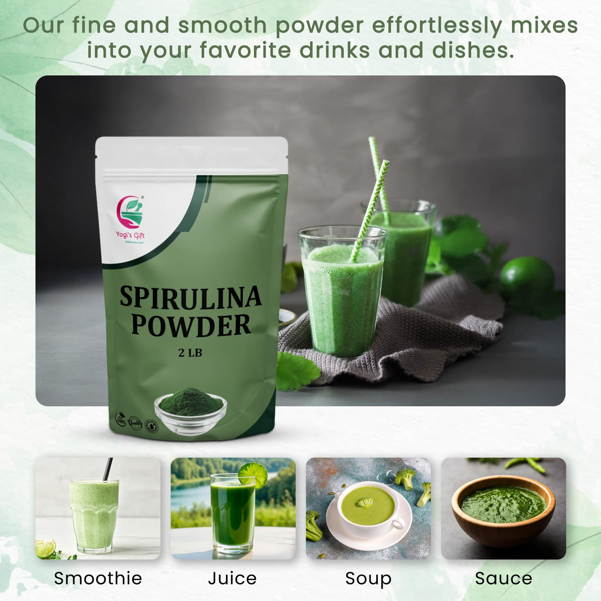 YOGI’S GIFT Poudre de Spiruline 921 g sur une table avec fruits