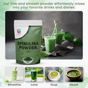 YOGI’S GIFT Poudre de Spiruline 921 g sur une table avec fruits