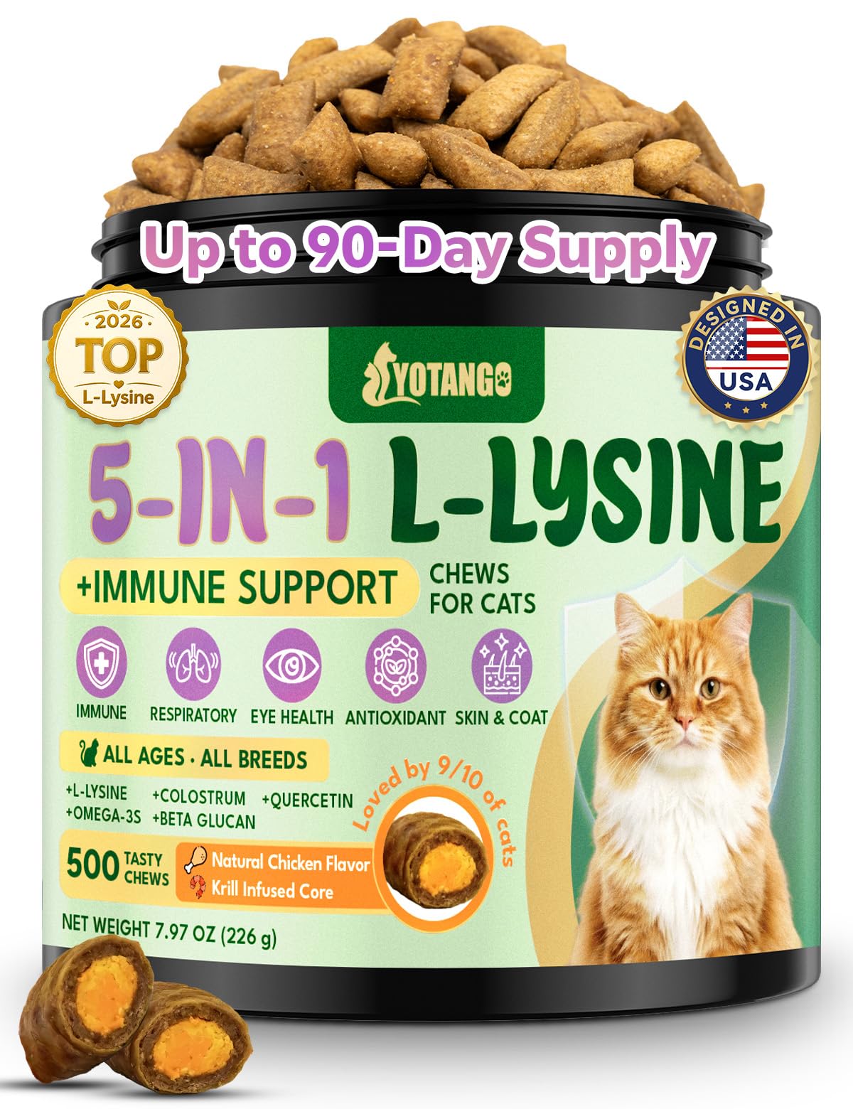 YOTANGO L-Lysine pour Chats 500 Chews au Poulet, vue avant du pot