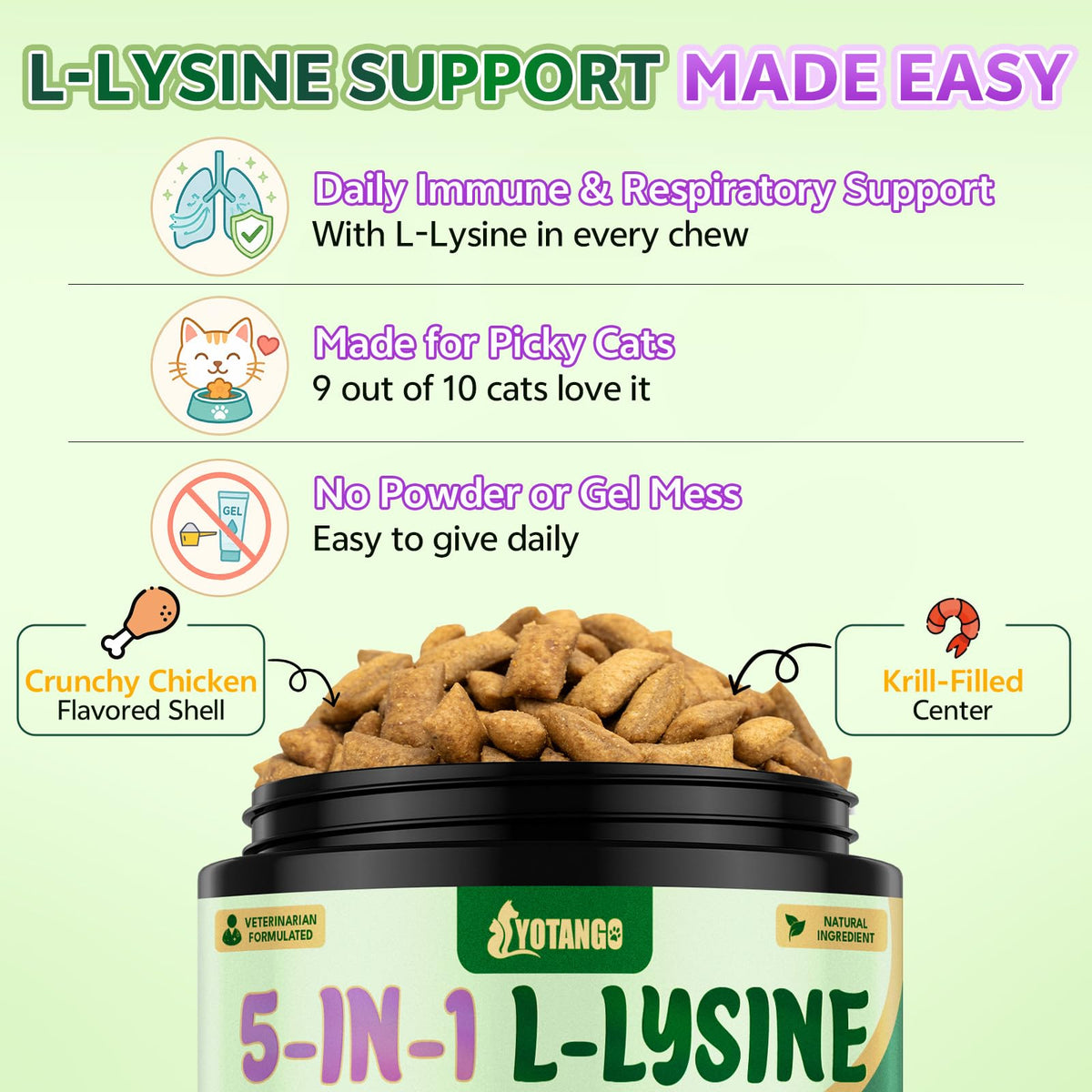 YOTANGO L-Lysine pour Chats, chews au poulet sur une surface