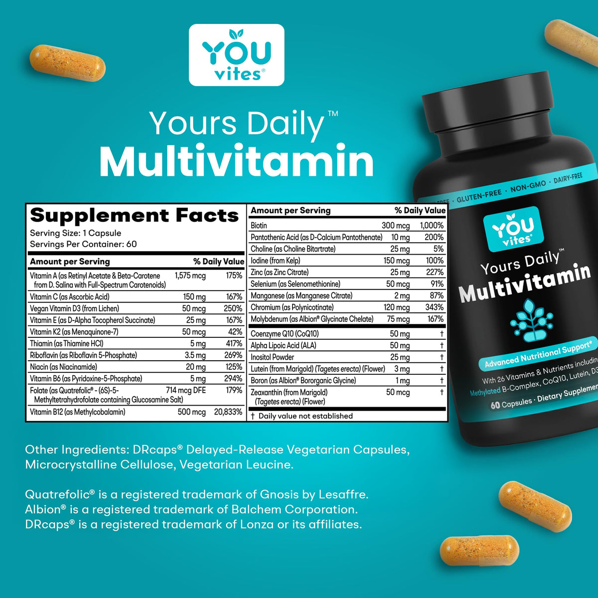 You Vites Multivitamine Méthylée 60 Capsules - Ingrédients sur l'étiquette