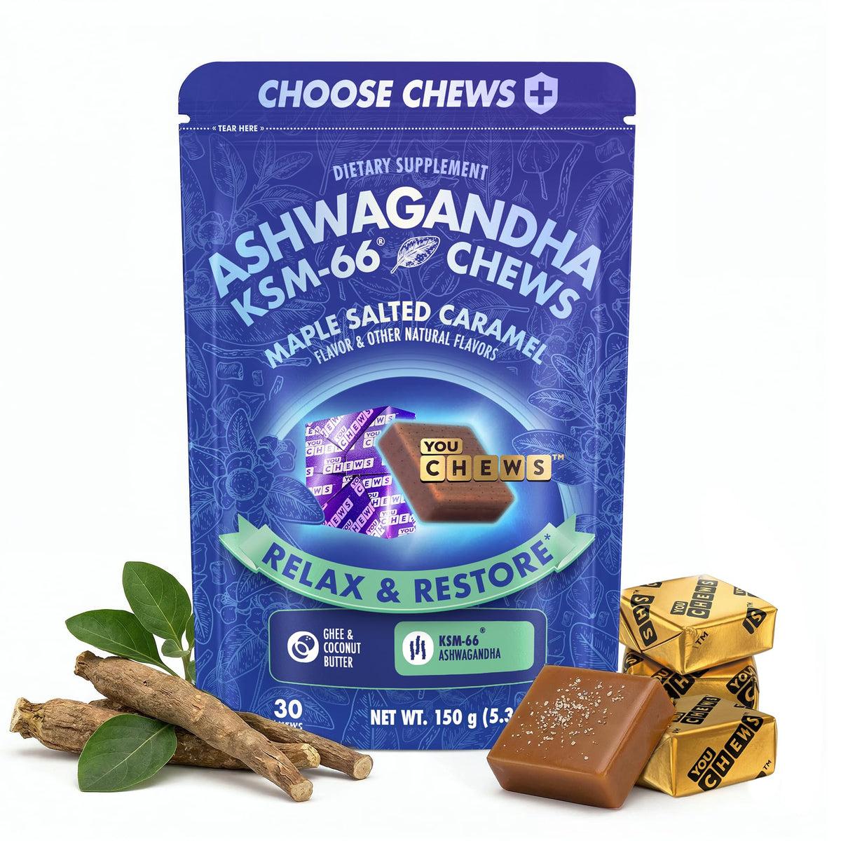 YouChews Gummies Ashwagandha KSM-66 325mg emballage avant