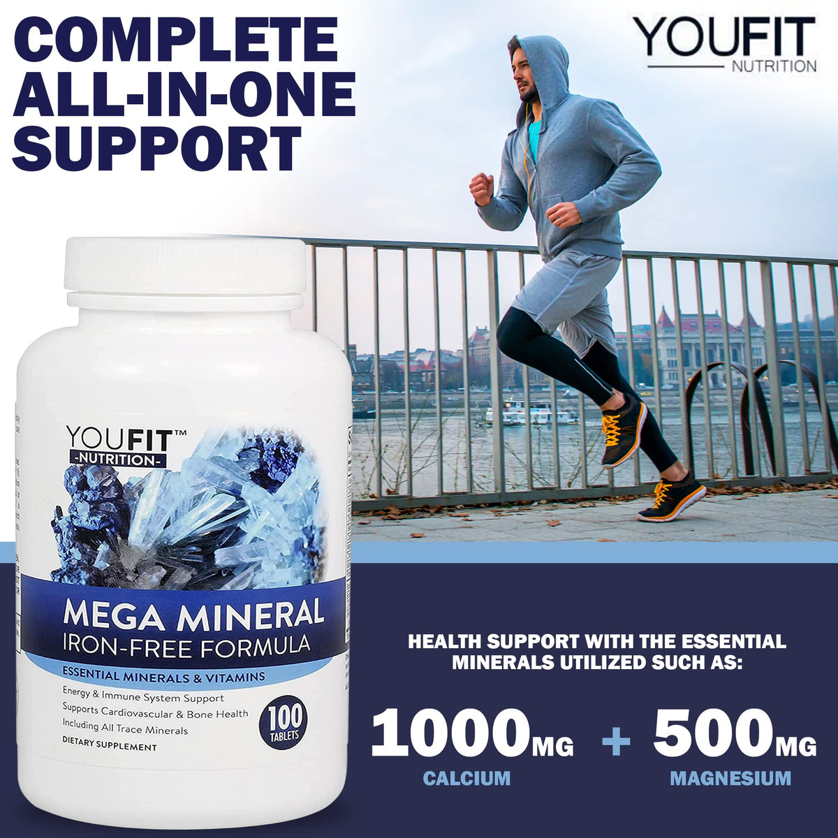 YouFit Nutrition Mega Minerals 1000mg Calcium 500mg Magnésium avec ses capsules