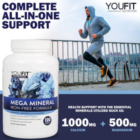 YouFit Nutrition Mega Minerals 1000mg Calcium 500mg Magnésium avec ses capsules