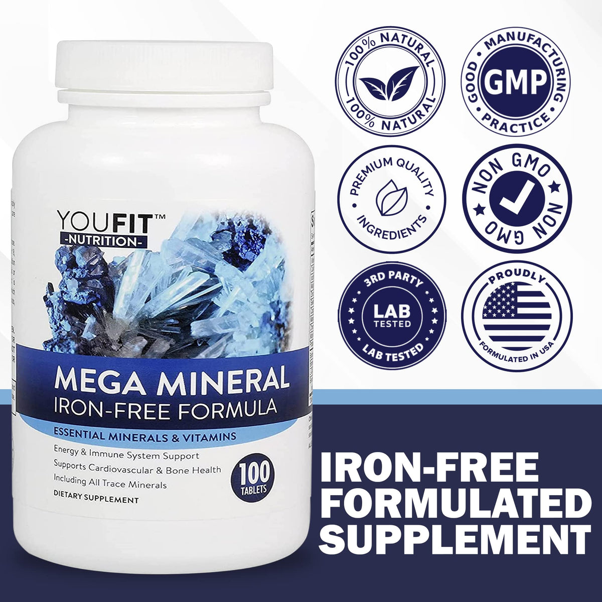 YouFit Nutrition Mega Minerals 1000mg Calcium 500mg Magnésium devant avec étiquette
