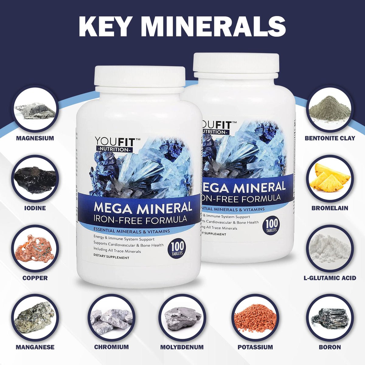 YouFit Nutrition Mega Minerals 1000mg Calcium 500mg Magnésium sur fond blanc