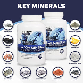 YouFit Nutrition Mega Minerals 1000mg Calcium 500mg Magnésium sur fond blanc