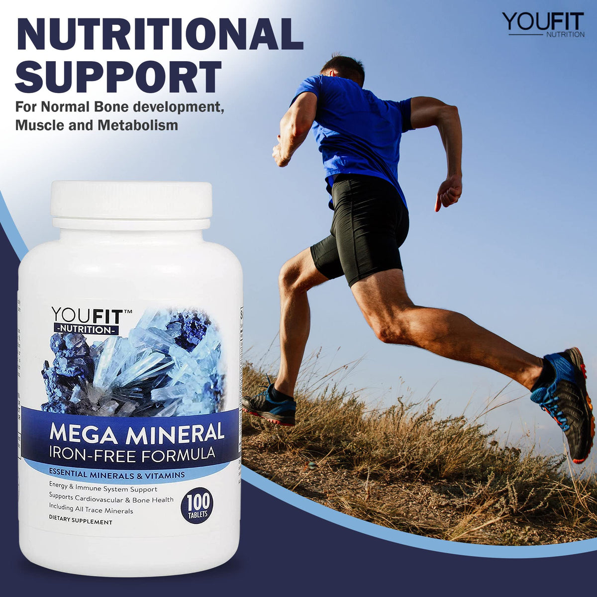 YouFit Nutrition Mega Minerals 1000mg Calcium 500mg Magnésium sur table