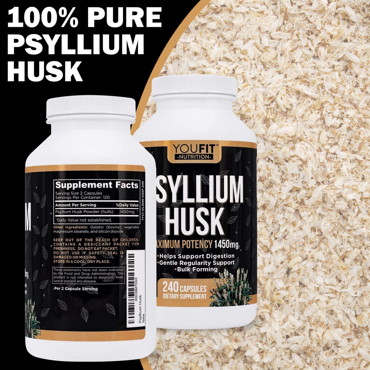 YouFit Nutrition Psyllium capsules with glass of water