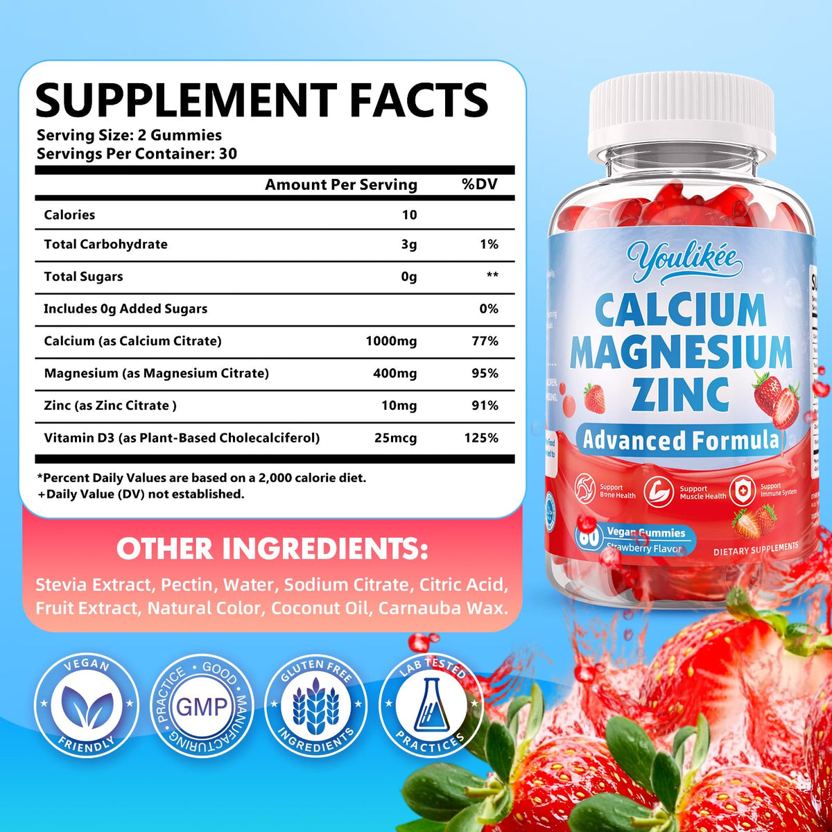 Youlikee Gummies Calcium Magnésium Zinc 1000mg D3 arrière