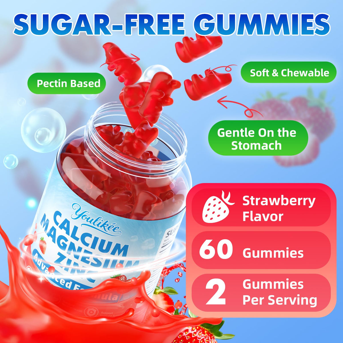 Youlikee Gummies Calcium Magnésium Zinc 1000mg D3 avec d'autres compléments