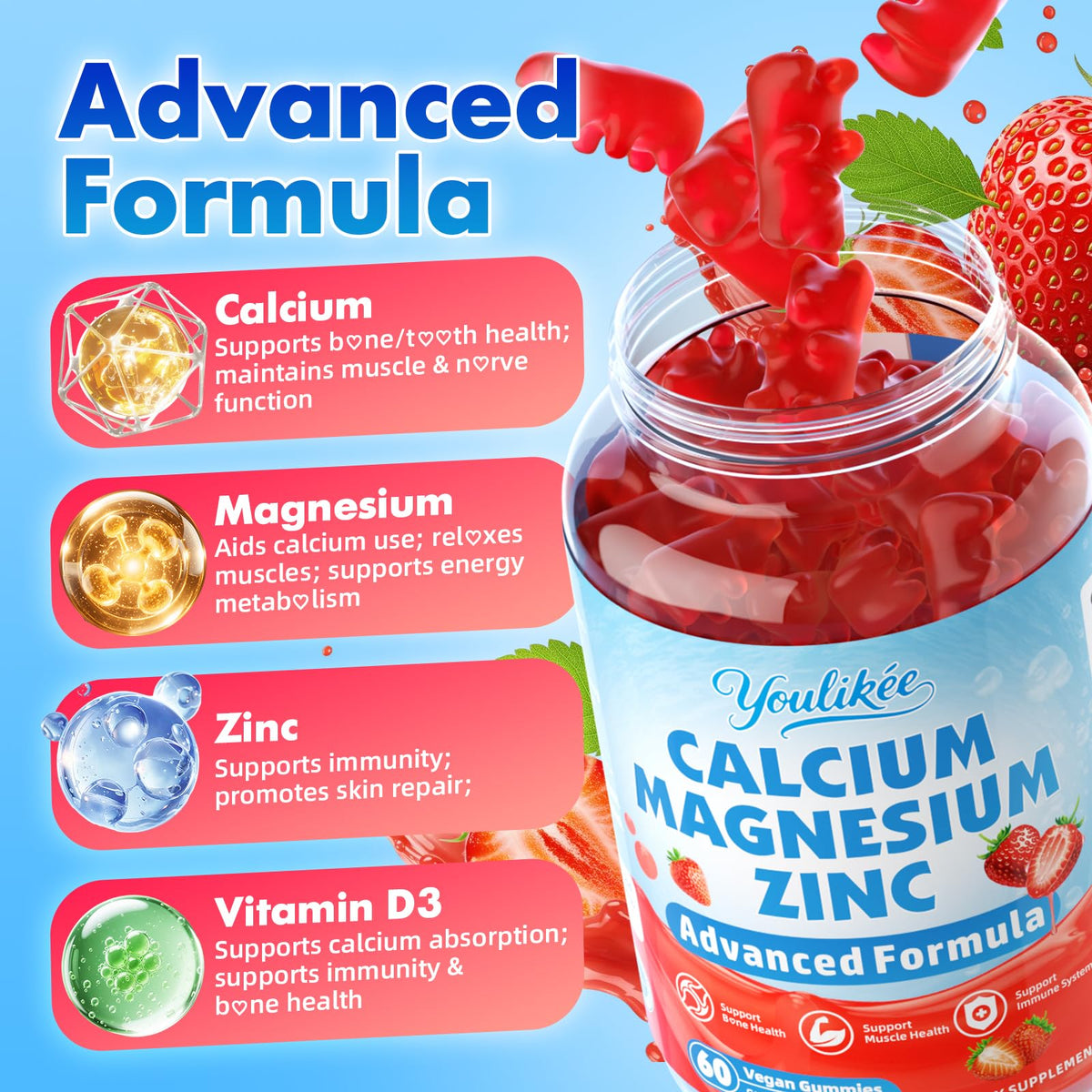 Youlikee Gummies Calcium Magnésium Zinc 1000mg D3 côté