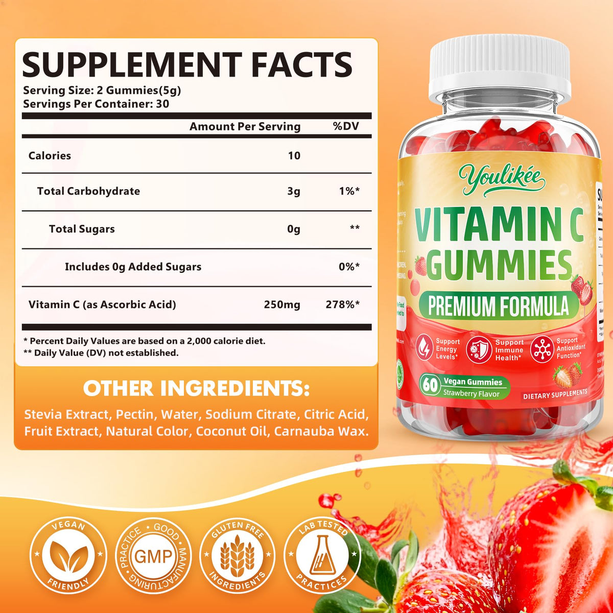 Youlikee Gummies Vitamine C 60 Ct gummies à la fraise