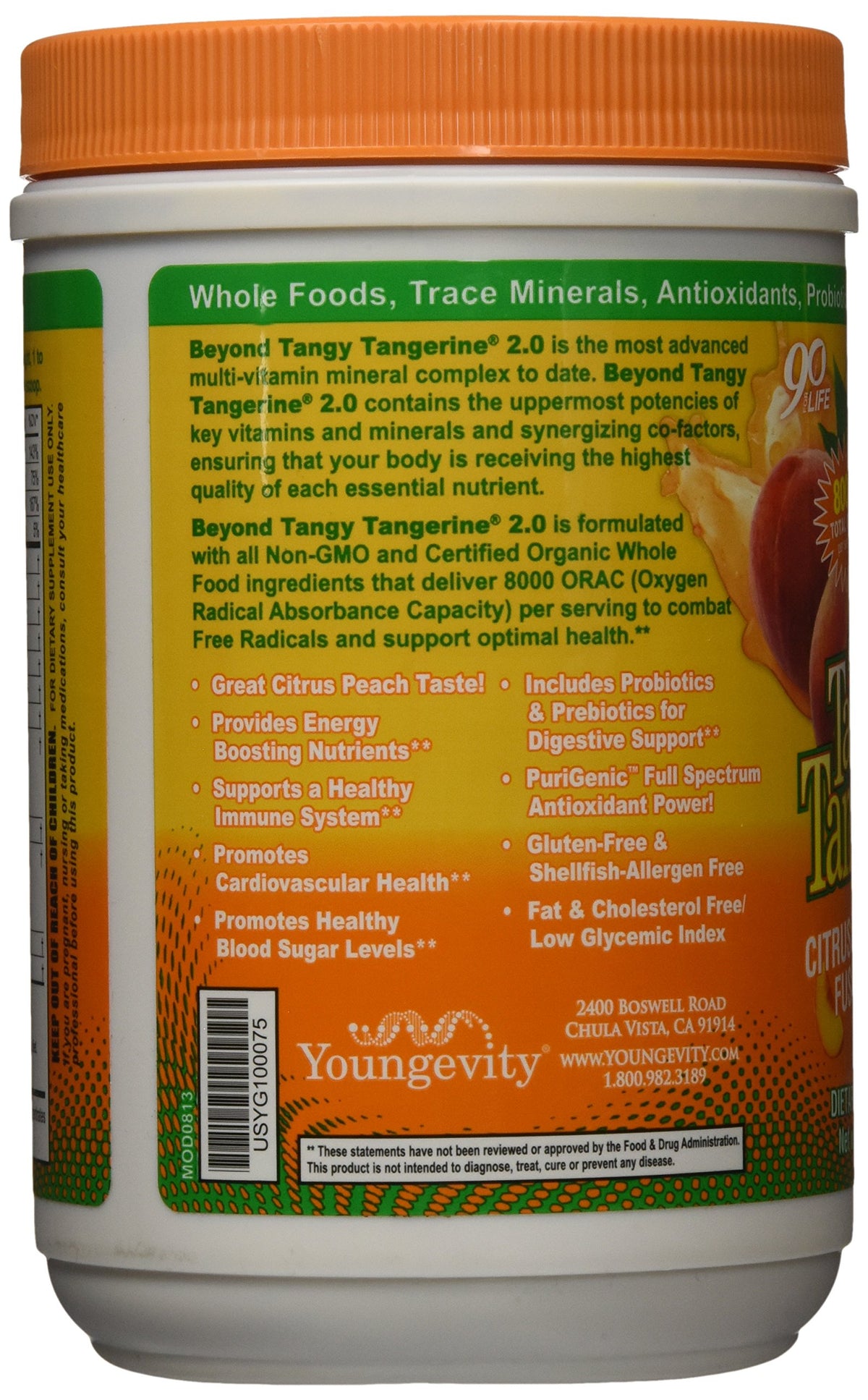 Youngevity Beyond Tangy Tangerine 2.0 Poudre Multivitaminée dans un bol avec fruits