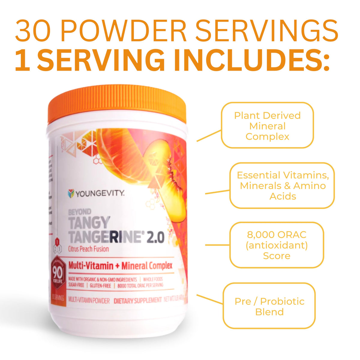 Youngevity Beyond Tangy Tangerine 2.0 Poudre Multivitamines 1 lb utilisation quotidienne