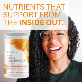 Youngevity Beyond Tangy Tangerine 2.5 Poudre Multivitaminée, présentation avec fruits