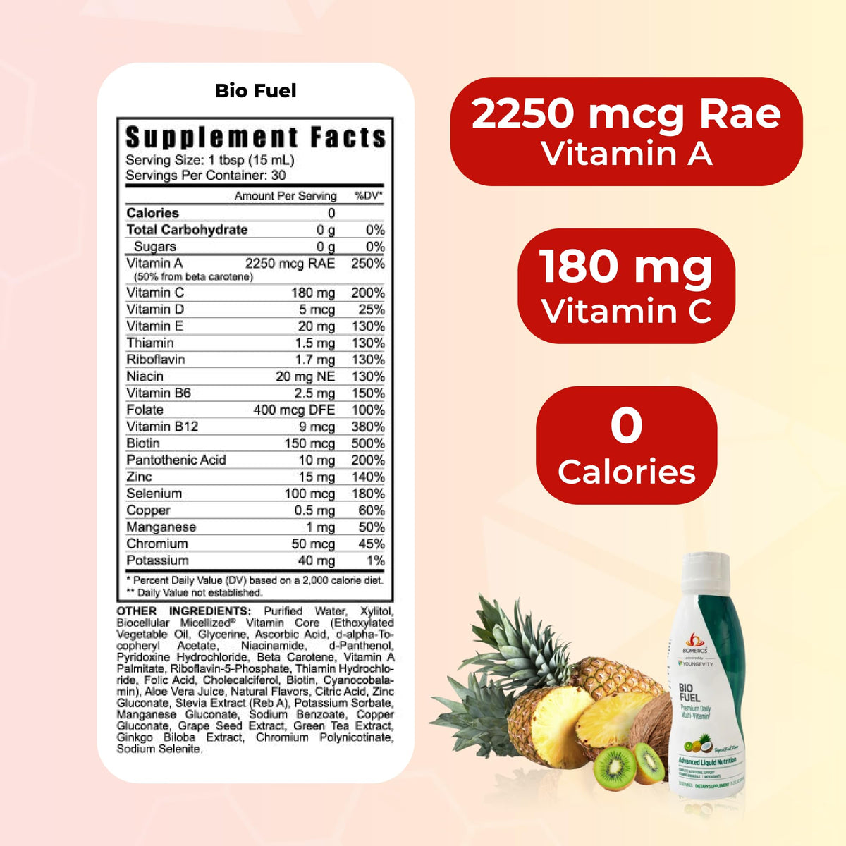 Youngevity Bio Fuel Multivitamine Liquide étiquette avec ingrédients