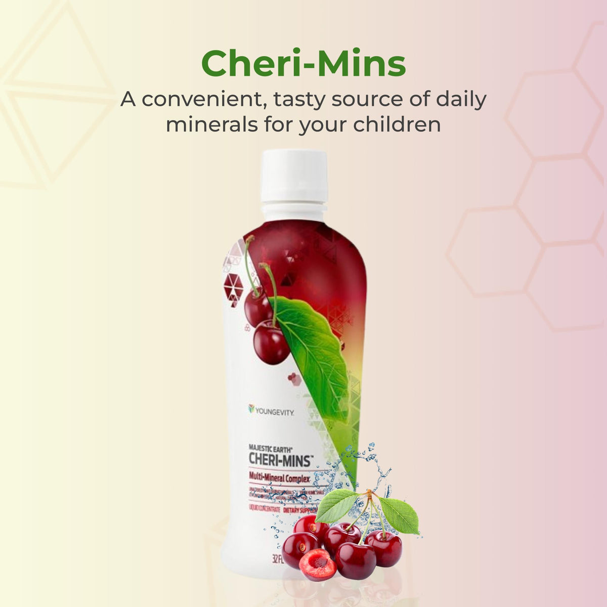 Youngevity Cheri-Mins bouteille avec étiquette détaillant les minéraux
