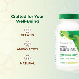 Youngevity Gluco-Gel 120 capsules à côté d'une tasse de thé