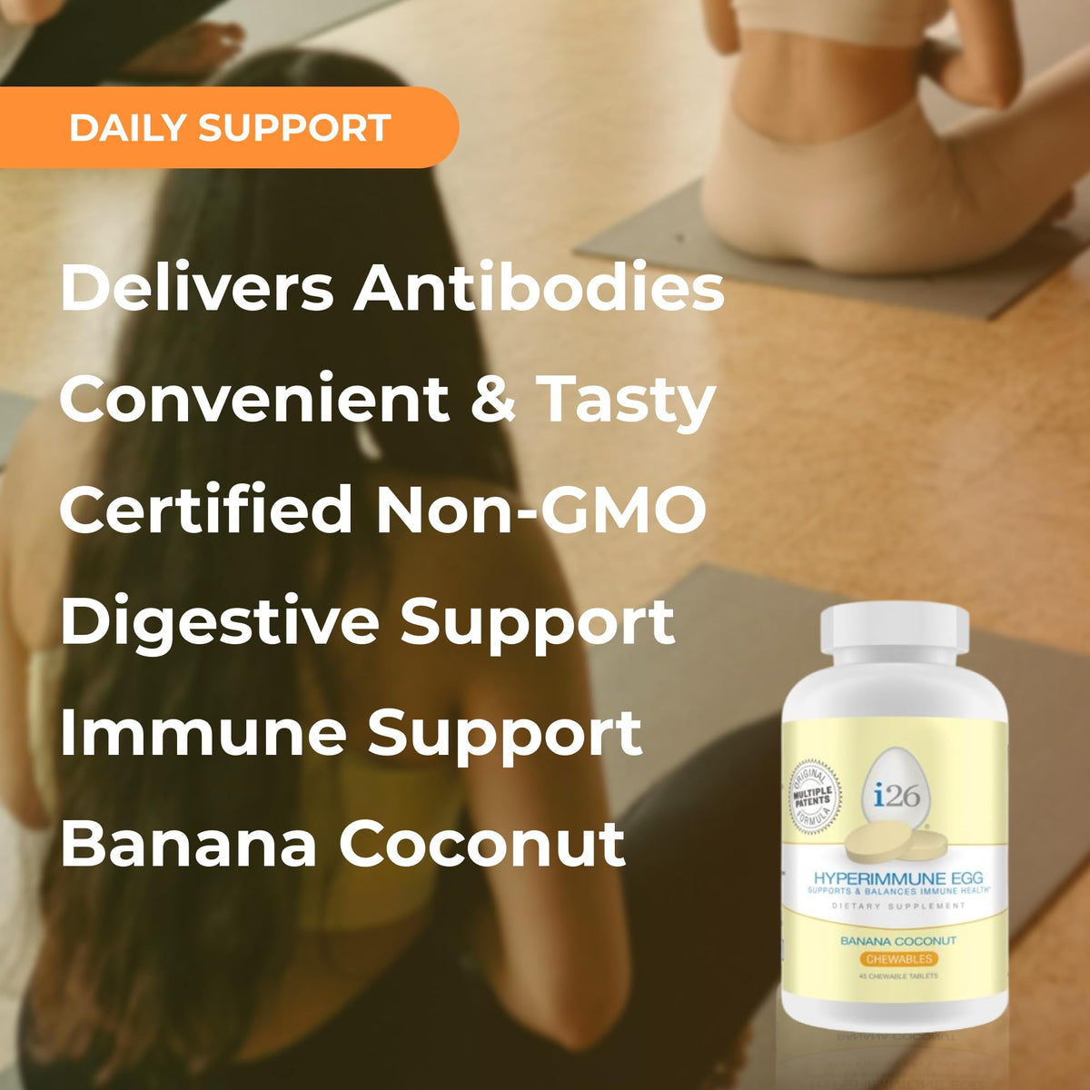 Youngevity i26 Hyperimmune Egg Chewables avec étiquette et informations nutritionnelles