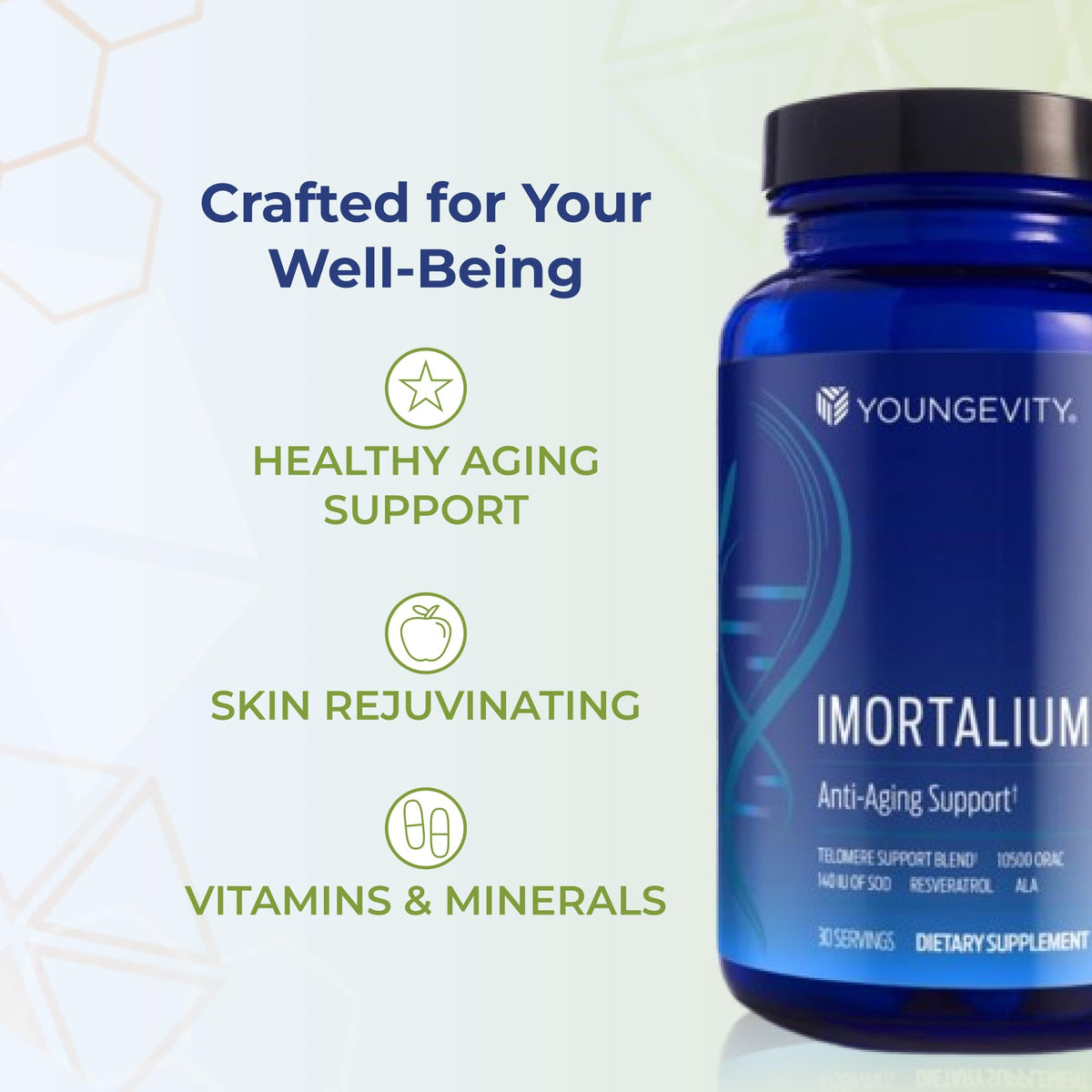 Youngevity Imortalium comprimés avec étiquette visible