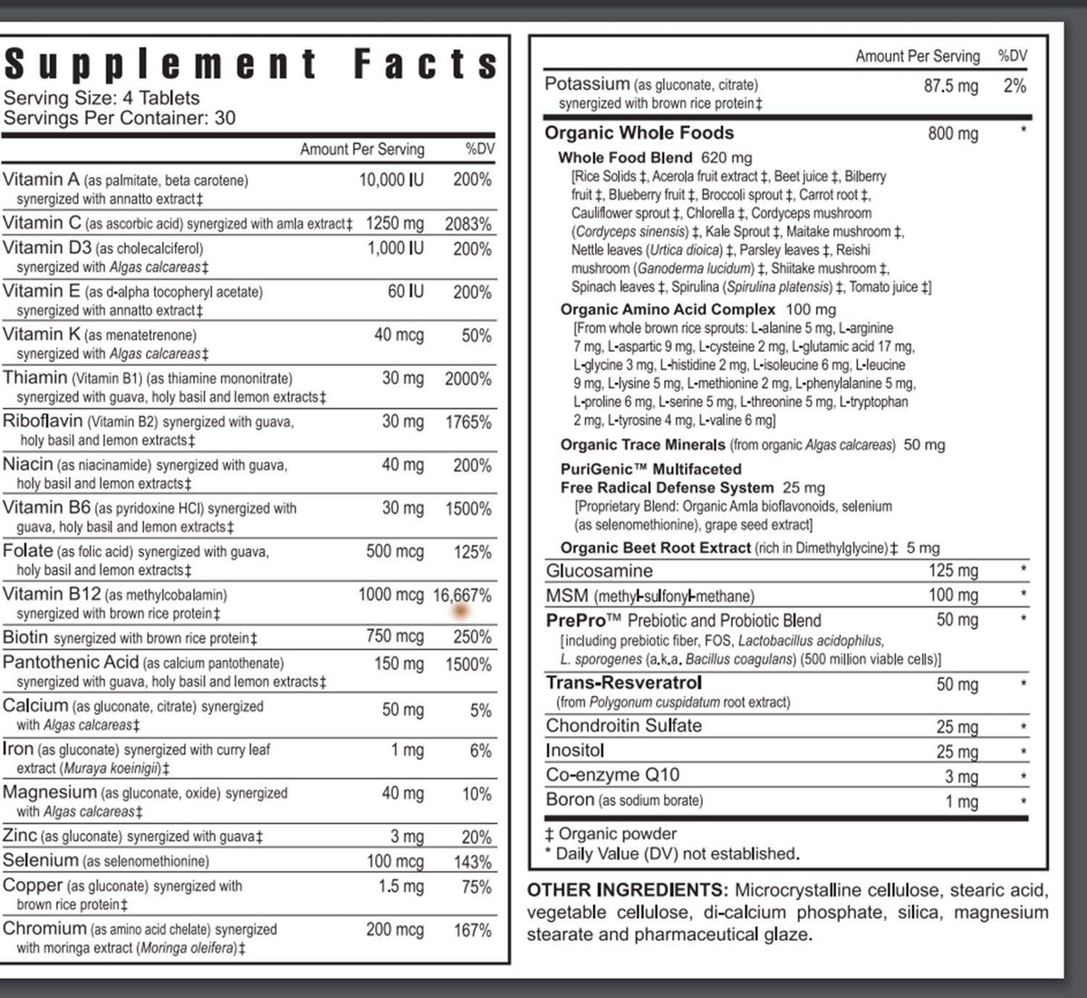 Youngevity Multivitamines Minérales 120 comprimés, côté gauche
