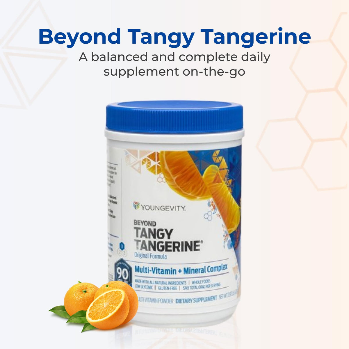 Youngevity Poudre de Minéraux Vitamines 420 g, vue de côté avec détails nutritionnels