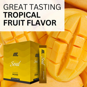 Youngevity Soul Mood Powder Tropical Fruit sachets in a lifestyle setting