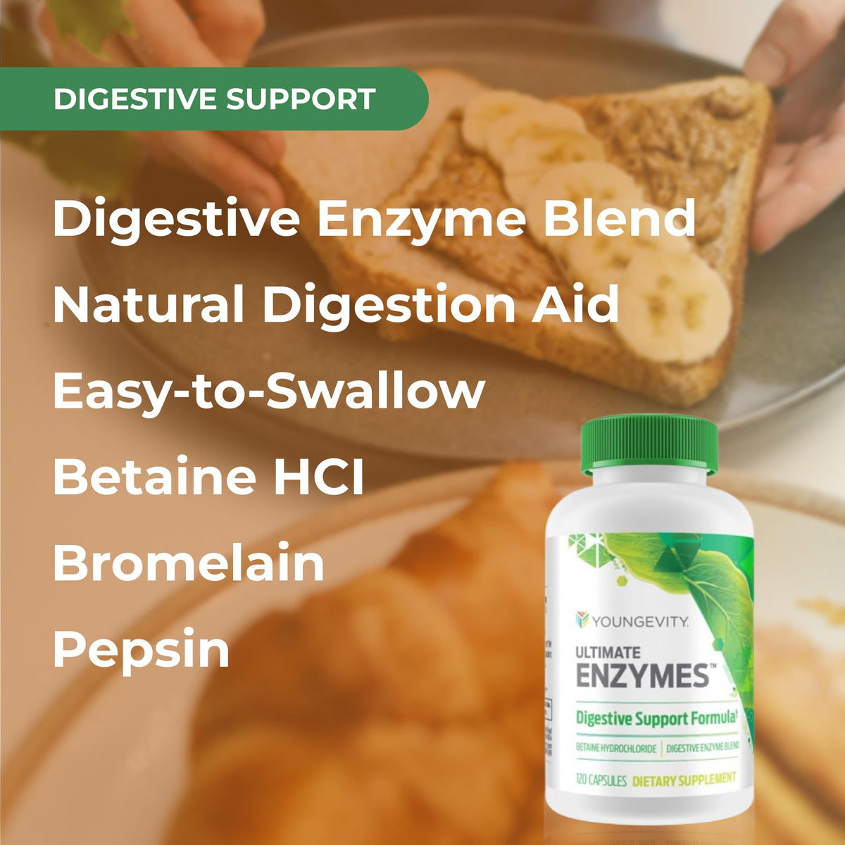 Youngevity Ultimate Enzymes capsules on a wooden table