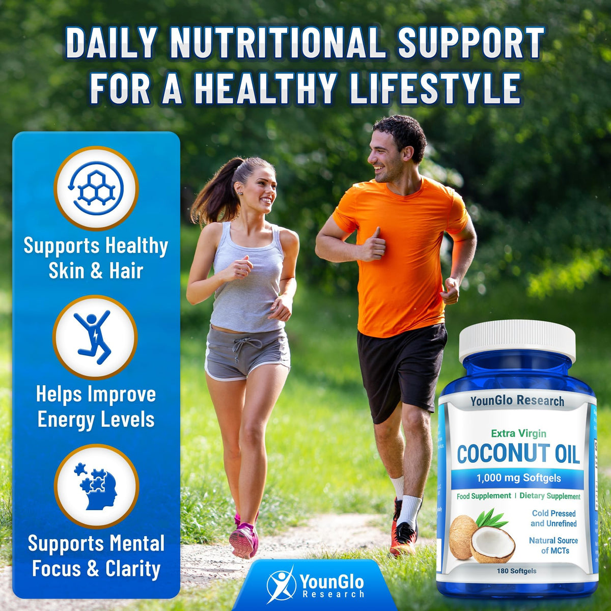 YounGlo Research huile de coco 1000 mg capsules sur table
