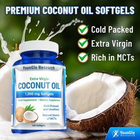 YounGlo Research huile de coco 1000 mg capsules végétales en gros plan