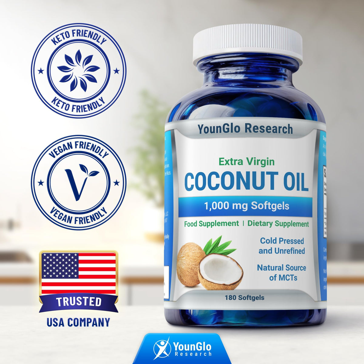 YounGlo Research huile de coco 1000 mg sur fond blanc